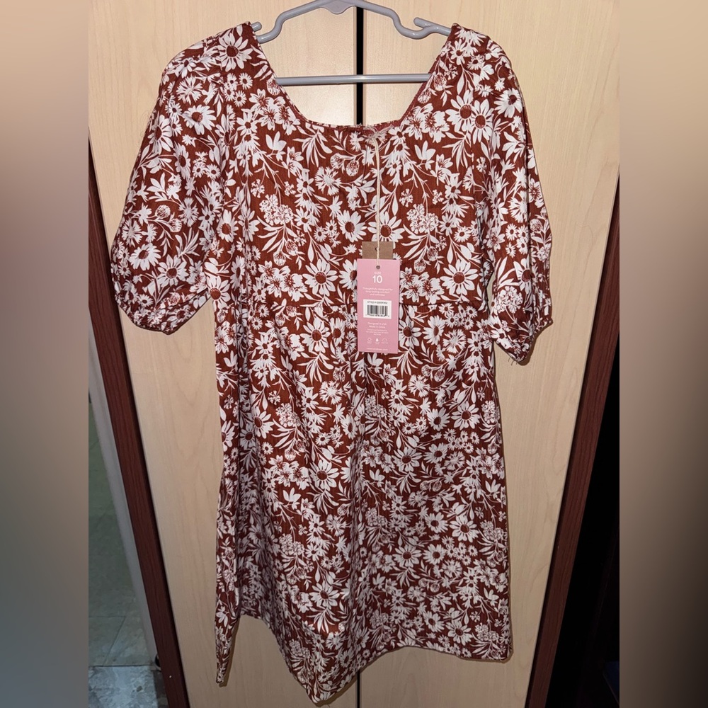 Rabbit + Bear Girls Floral Puff Sleeve Dress Size 10 NWT Brown White